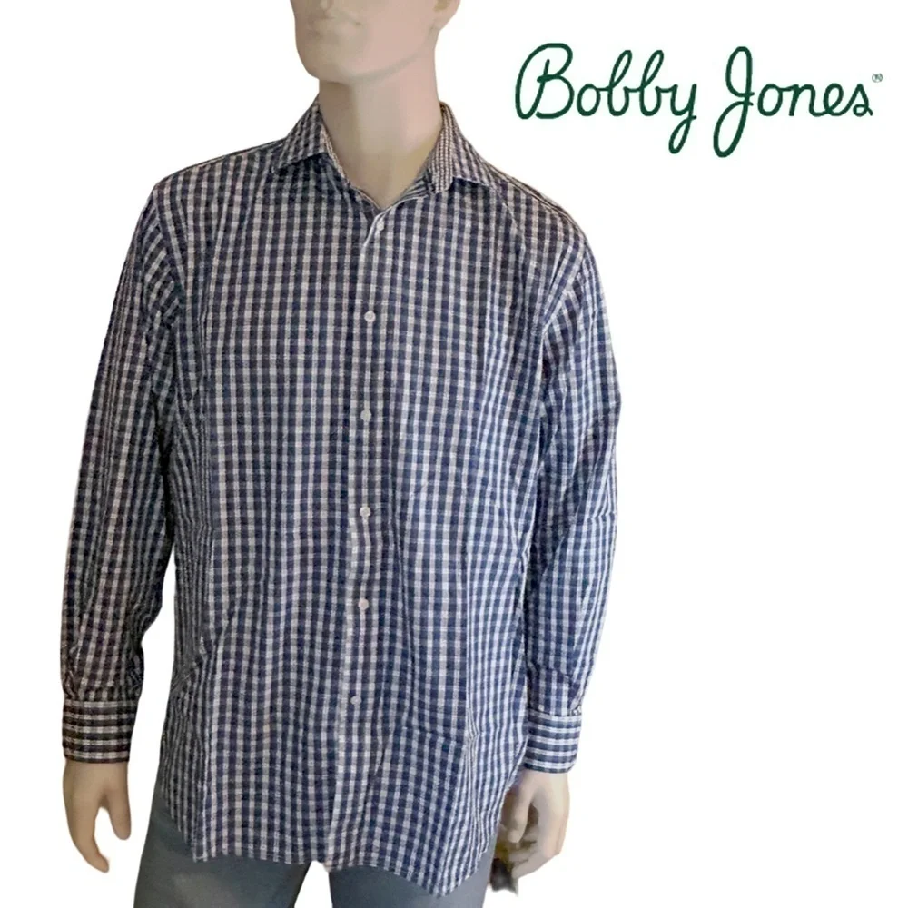 Bobby Jones Shirt Button Up Blue Plaid Long Sleeve 100% Cotton  Versatile As New - Picture 14 of 16